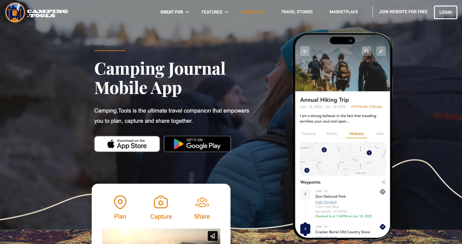 The Camping.Tools website showing the mobile app.