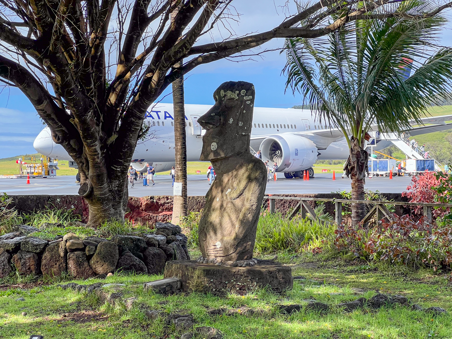 Moai at the Mataveri International Airport on Easter Island, Chile.
