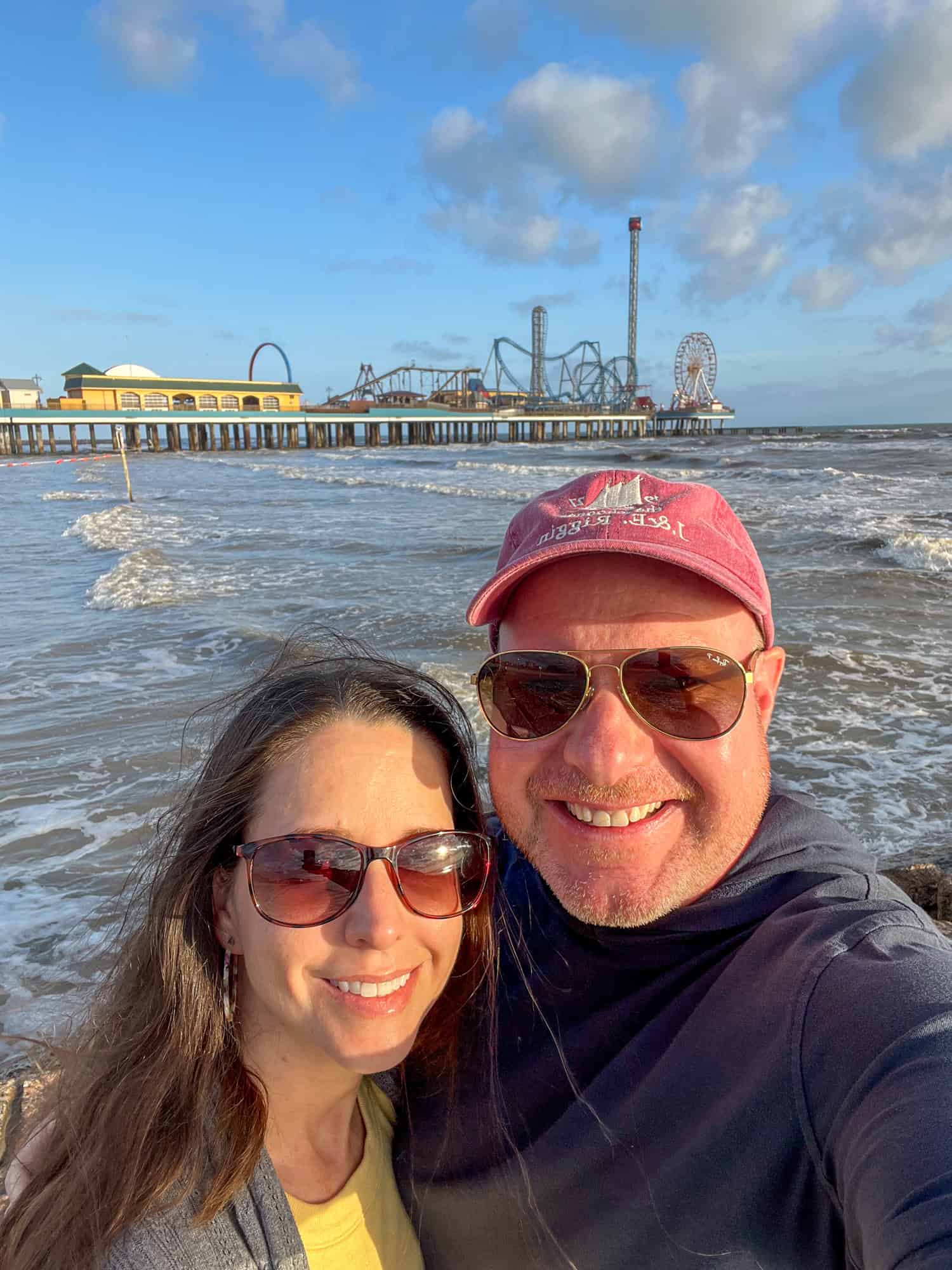 Dave and Kyle near the Galveston Pier; this beach trip is one of his favorite travel experiences of 2024. 