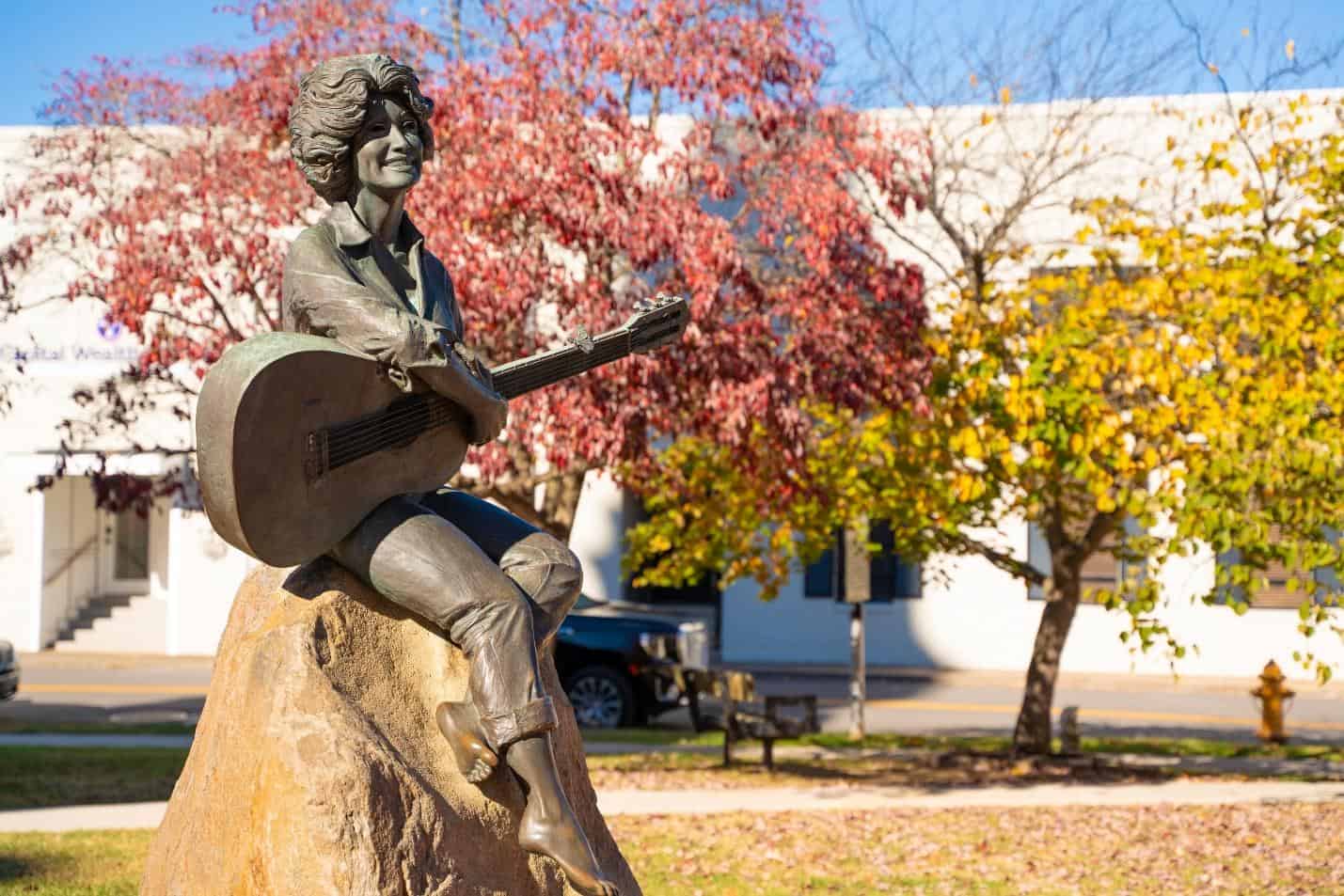 Dolly Parton statue in Sevierville, Tennessee, a popular family travel destination (photo licensed from Shutterstock).