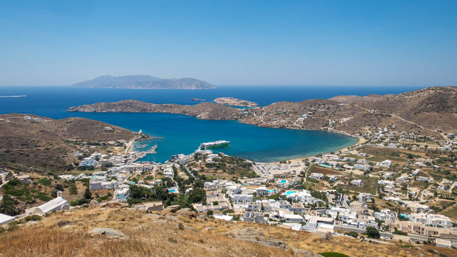 Gialos Beach and the port on Ios.