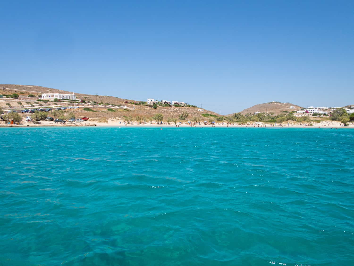 View of Krios Beach from a water taxi on Paros.