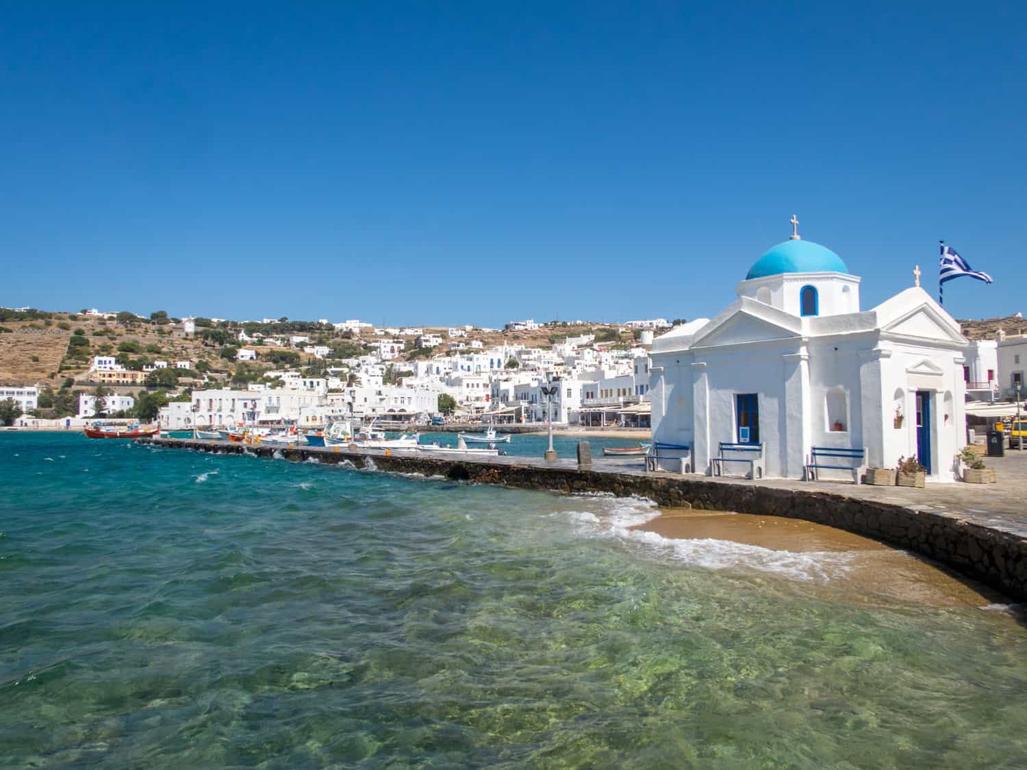 The Church of Agios Nikolaos in Mykonos' Old Port. 