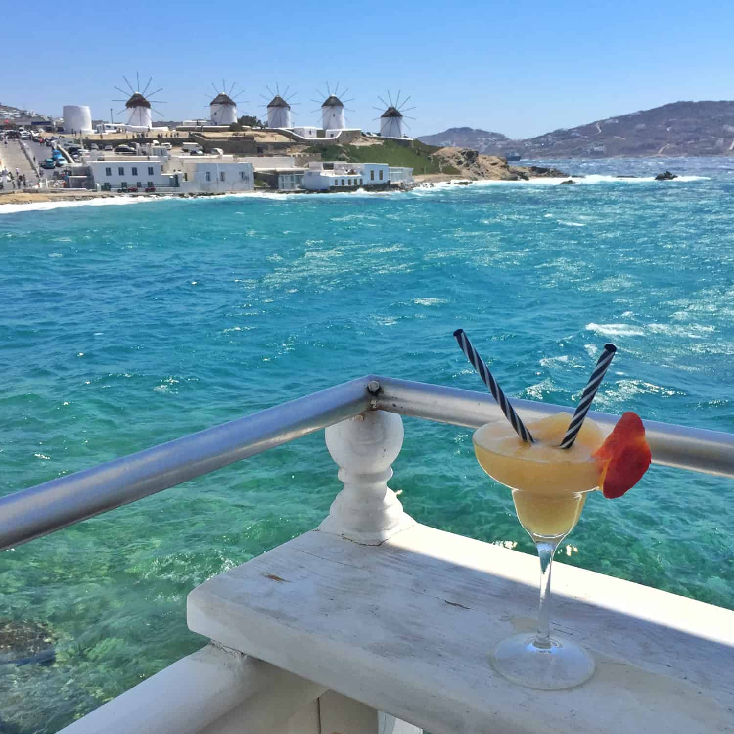 Peach daiquiri and a view of the windmills from one of the restaurants in Little Venice.