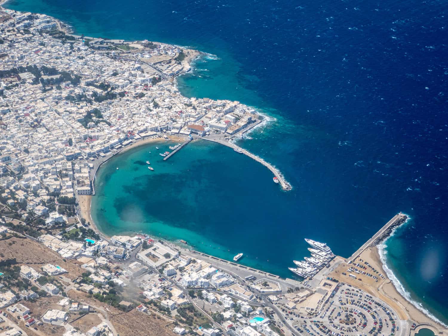 Bird's-eye view of Old Town Mykonos and port.