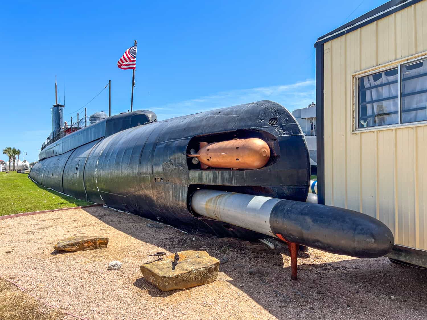 Torpedos at the front of the USS Cavalla submarine at the Galveston Naval Museum.