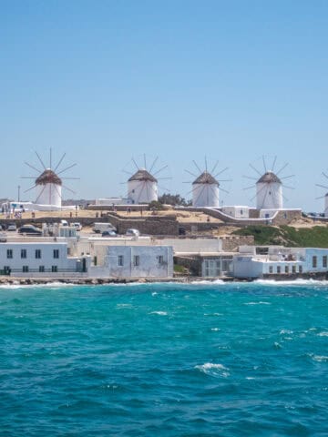 Windmills on Mykonos in Greece.