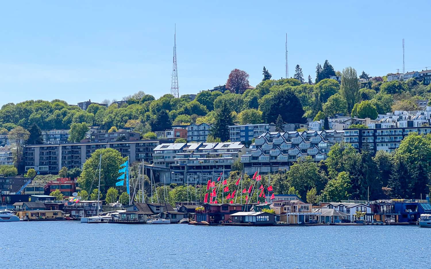 The floating home used in Sleepless in Seattle is near the red flags.