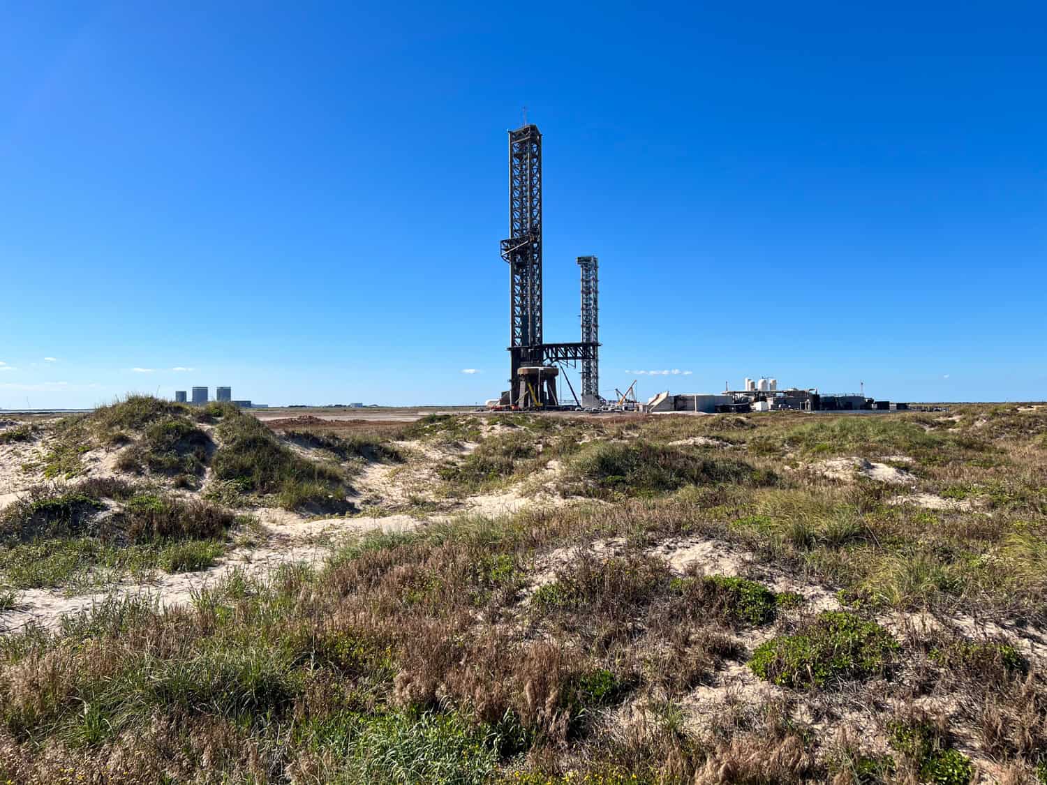 SpaceX launch pads as seen from the dunes.