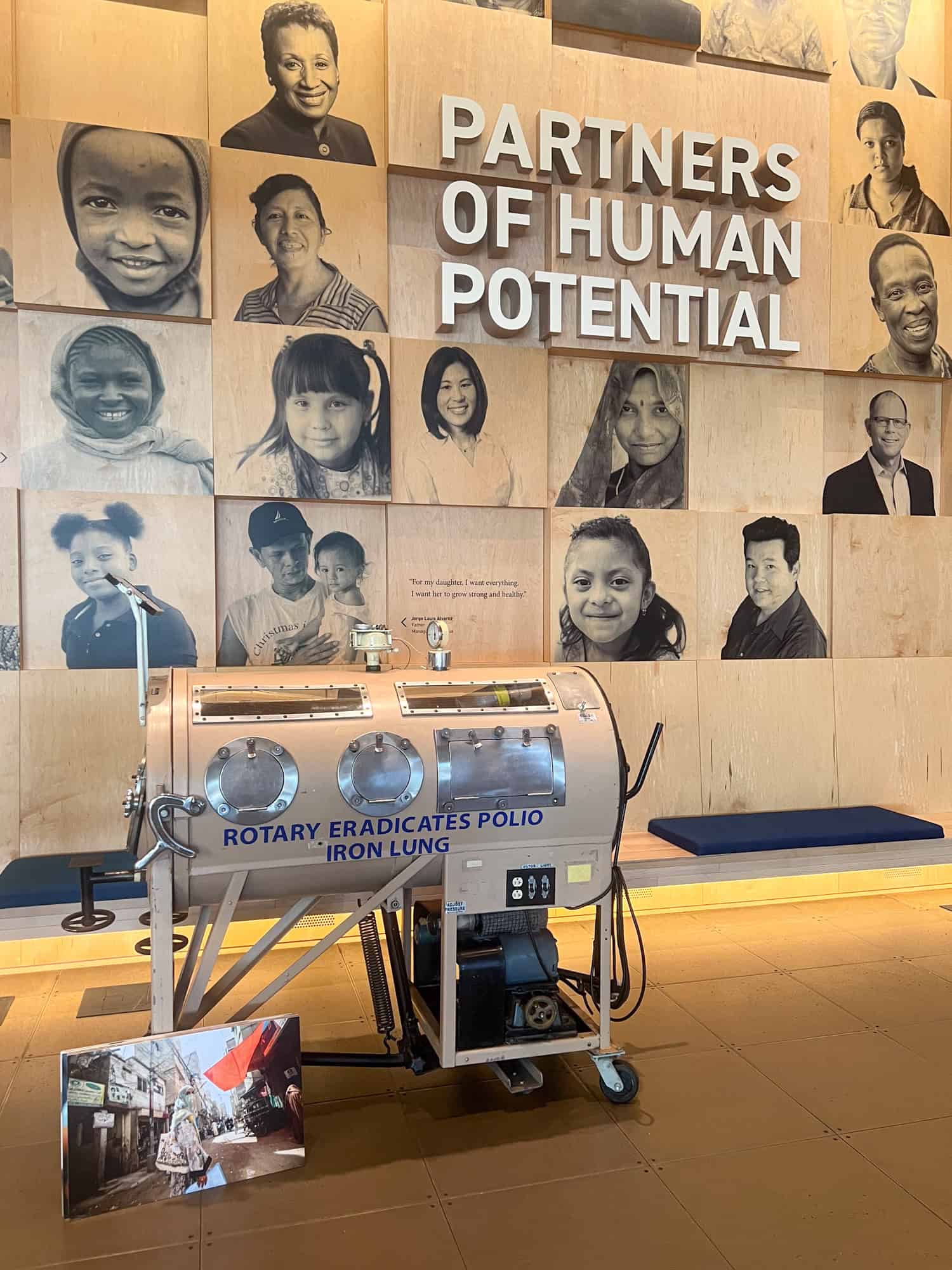An iron lung on display at the Gates Foundation Discovery Center.