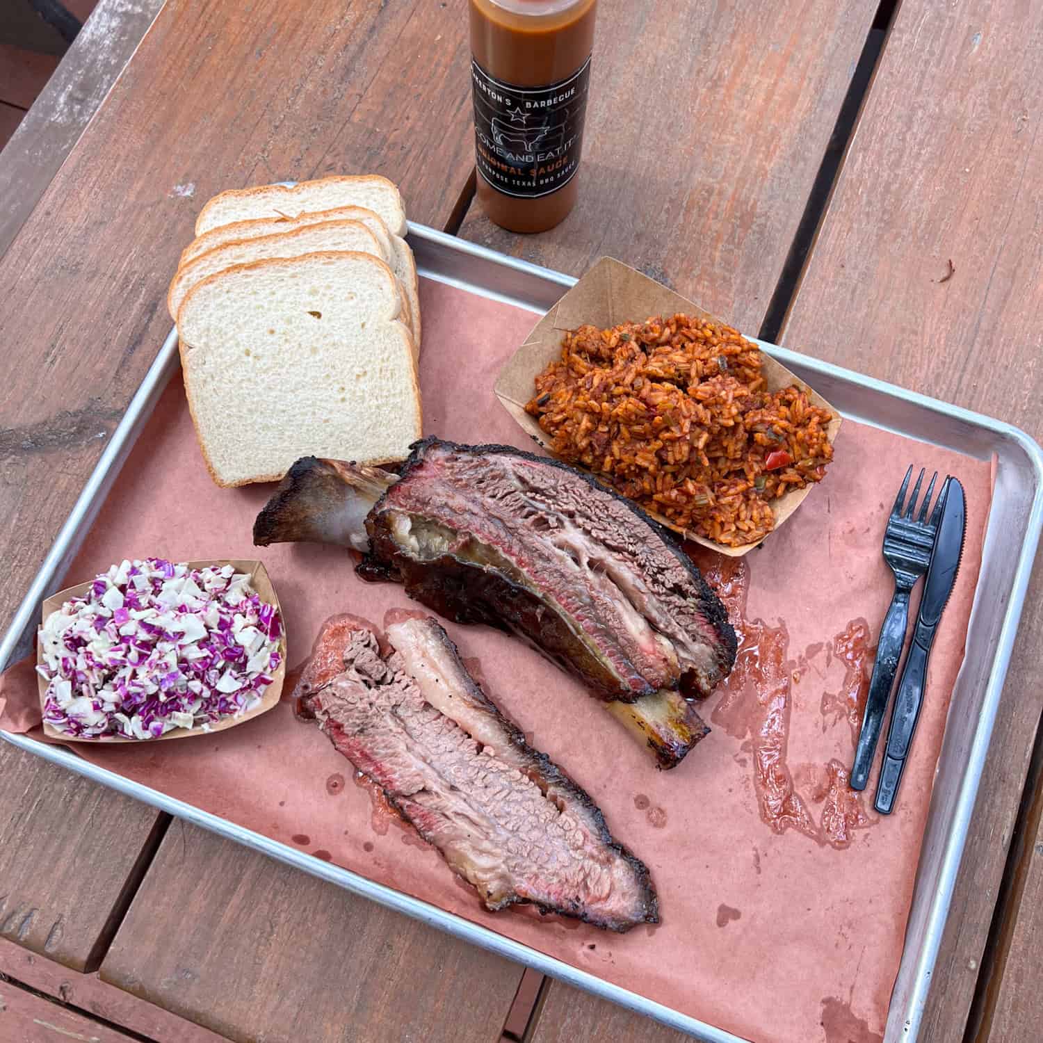 Brisket, beef rib, and smoked duck sausage jambalaya at Pinkerton's Barbecue.