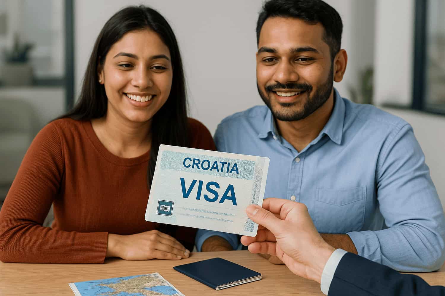 An Indian couple receiving a Croatia visa (photo provided by OneVasco).