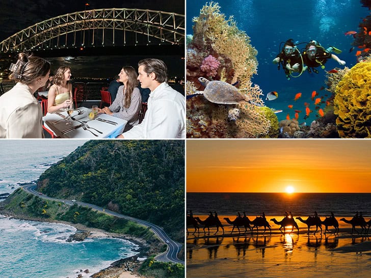Collage of people dining on a Sydney dinner cruise; snorkeling at the Great Barrier Reef; Great Ocean Road and sunset at Cable Beach. Collage of people dining on a Sydney dinner cruise; snorkeling at the Great Barrier Reef; Great Ocean Road and sunset at Cable Beach.