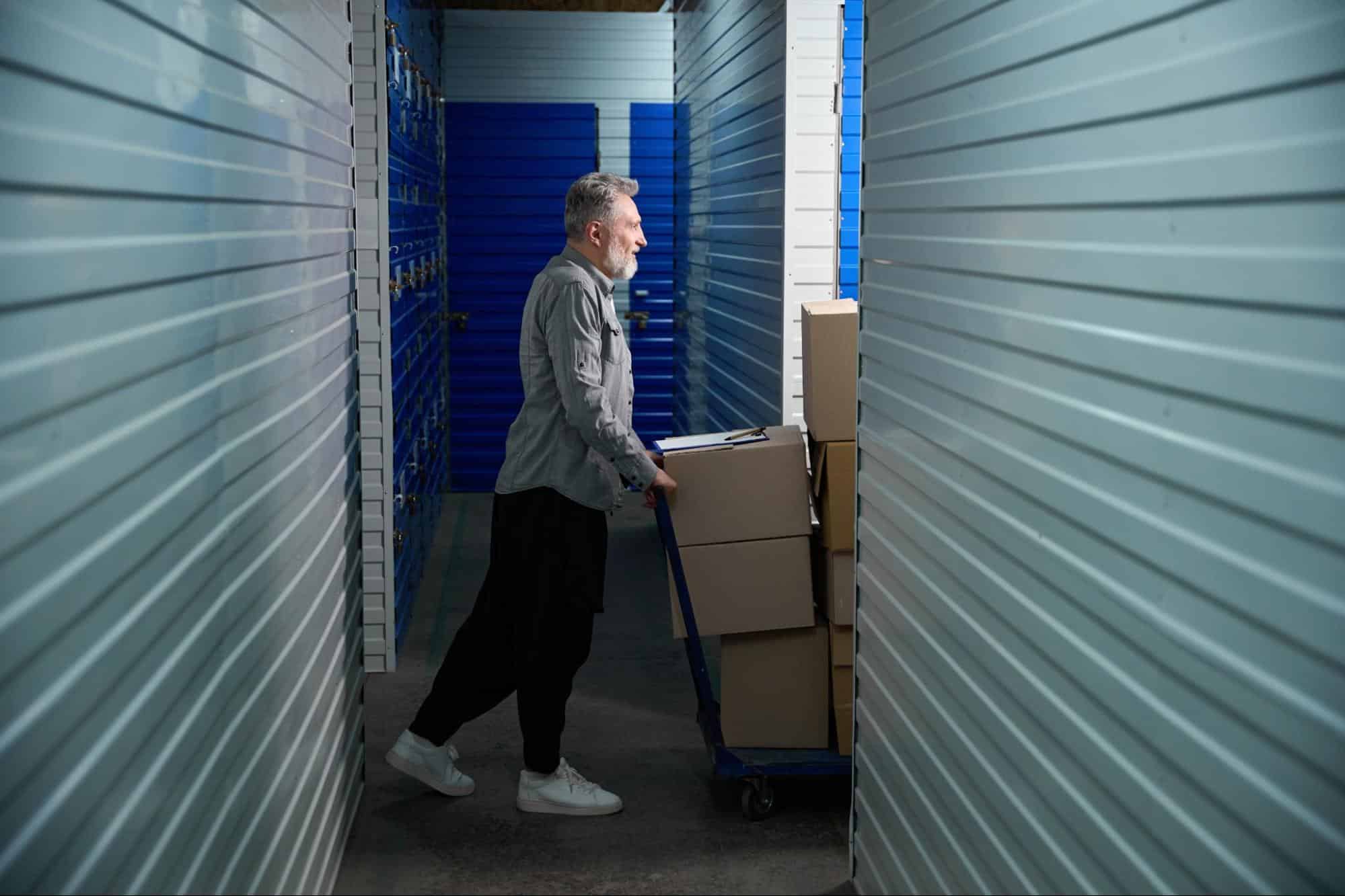 Man moving boxes into a storage unit (photo from Freepik).