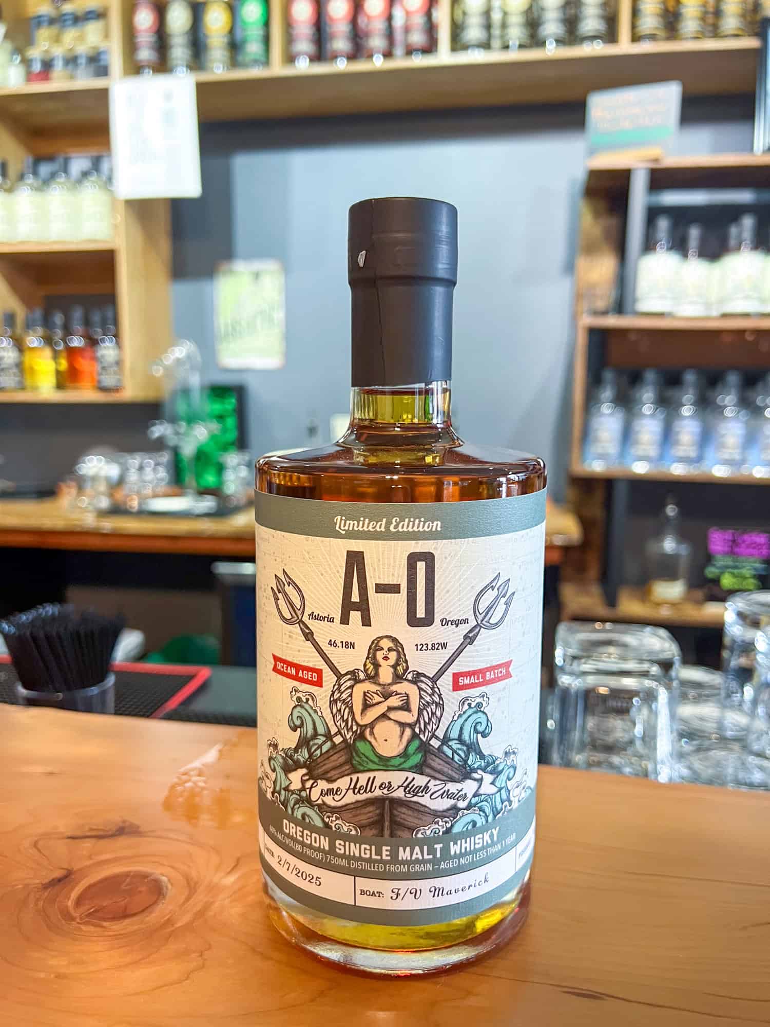 A bottle of Oregon Single Malt Whiskey at Pilot House Distilling in Cannon Beach. A bottle of Oregon Single Malt Whiskey at Pilot House Distilling in Cannon Beach.