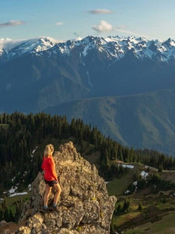 A hiker looks toward Hurricane Ridge in Olympic National Park, WA (photo: Susan Flynn, Unsplash).