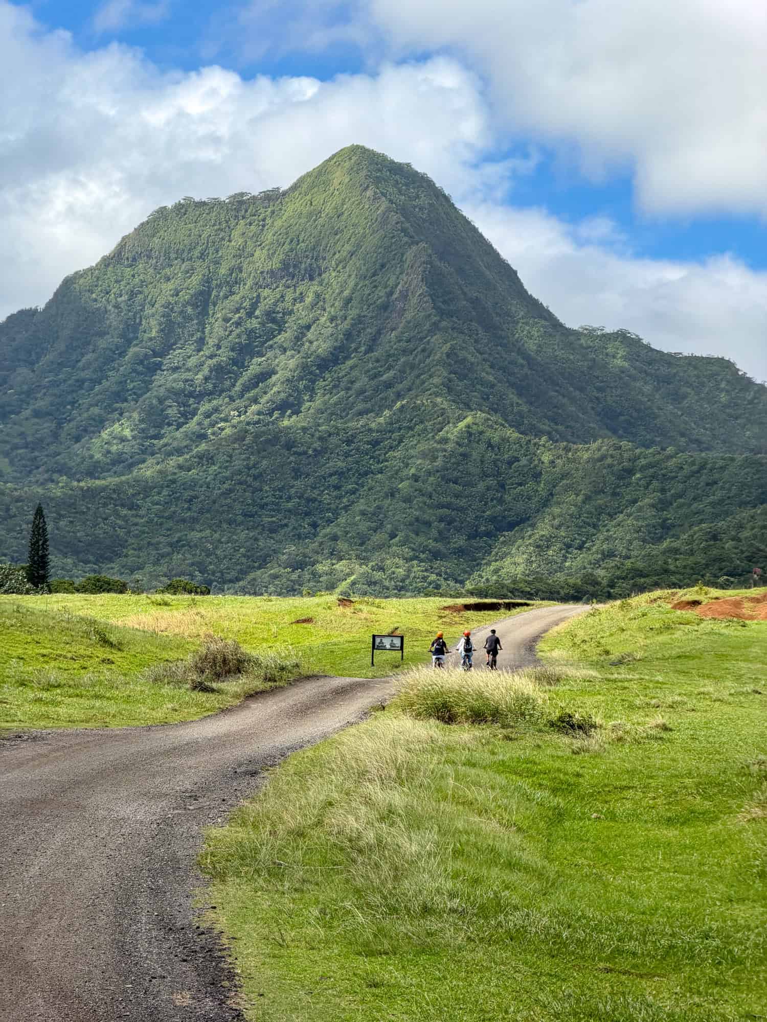 Visitors to the Kualoa Ranch on a bike tour ride through Jurassic Valley.
