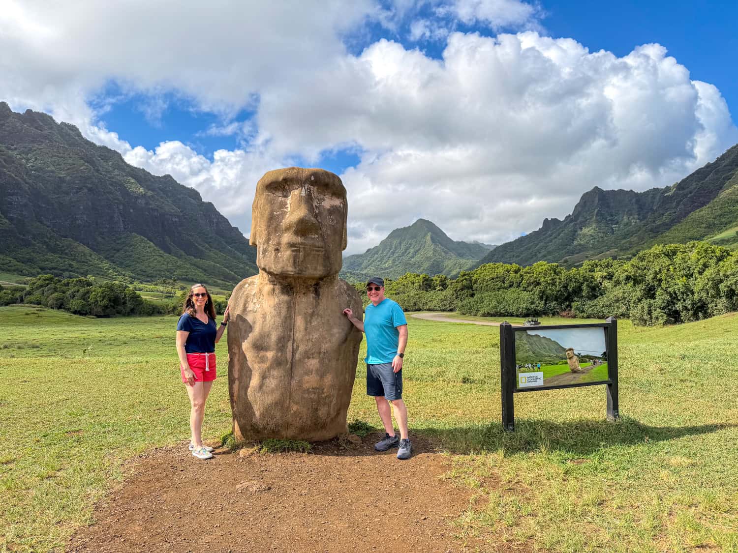 Dave and Kel with a faux moai statue.