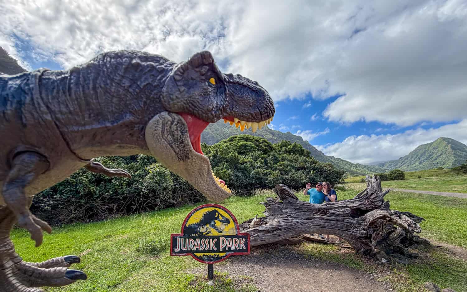 Kel and Dave jokingly re-create the terror of a T-rex attack in Jurassic Valley.