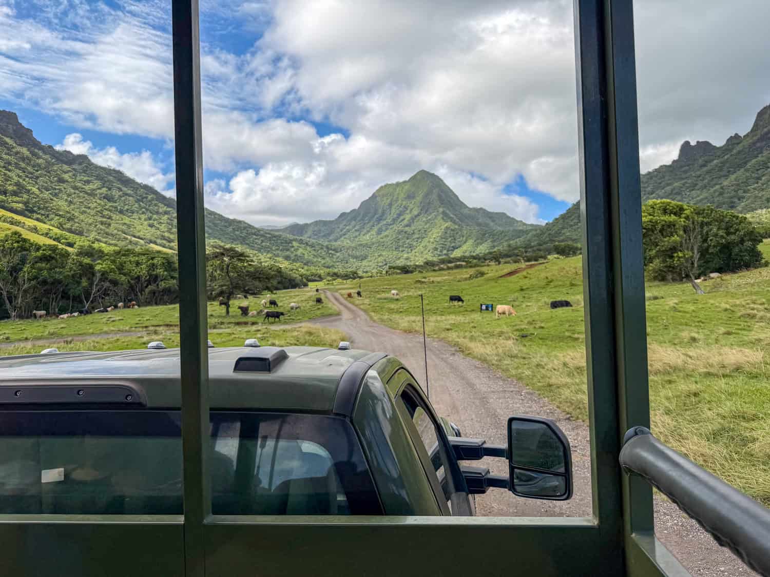 View of the Ka'a'awa Valley from our tour vehicle on the Jurassic Adventure Tour at Kualoa Ranch.