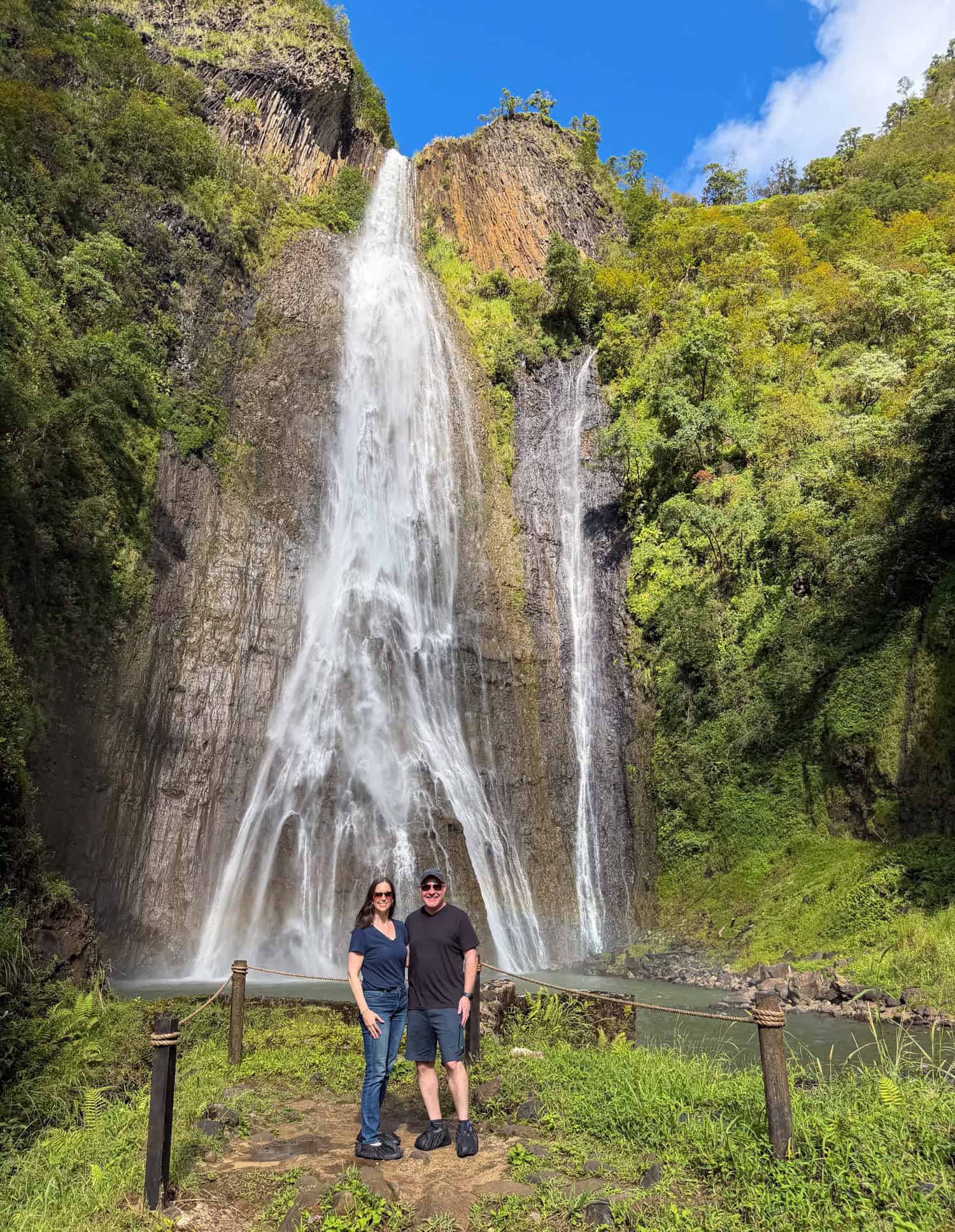 Dave and Kel at the base of Manawaiopuna Falls on Kauai.