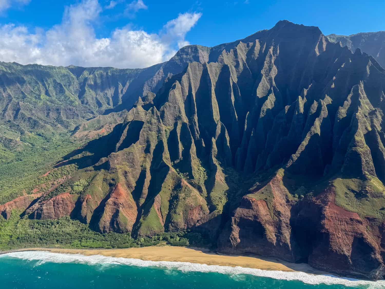 The Na Pali Coast on Kauai as seen from a helicopter tour.