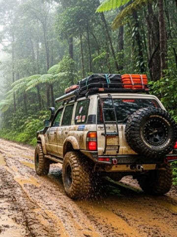 An SUV driving through a muddy forest track.