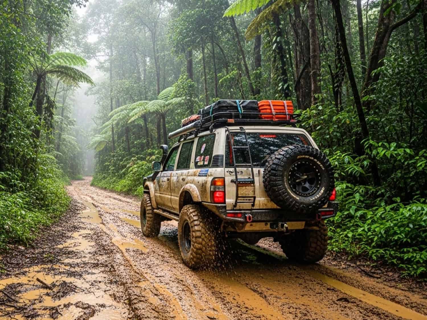 An SUV driving through a muddy forest track.