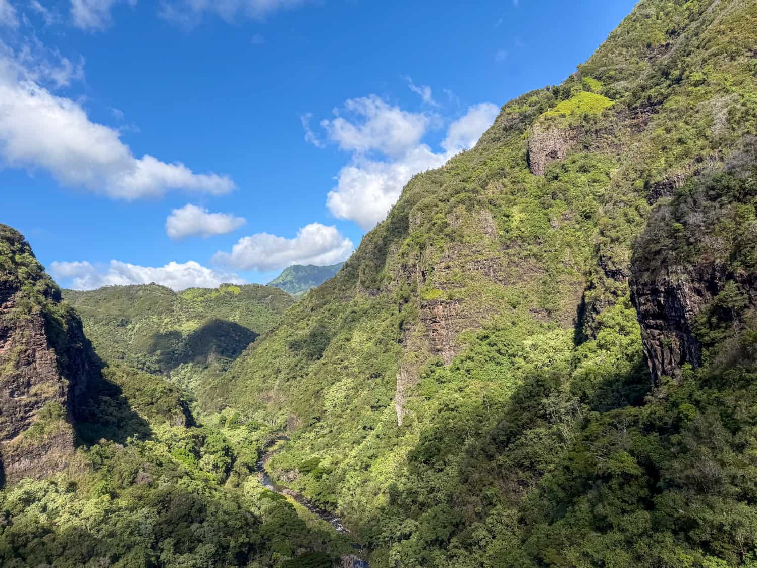 The valley you fly up during the Jurassic Falls helicopter tour on Kauai.