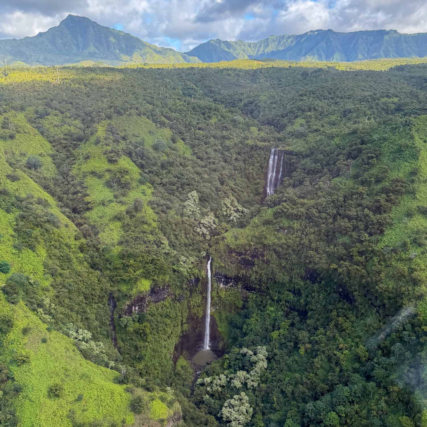 Aerial view of waterfalls on Kauai.