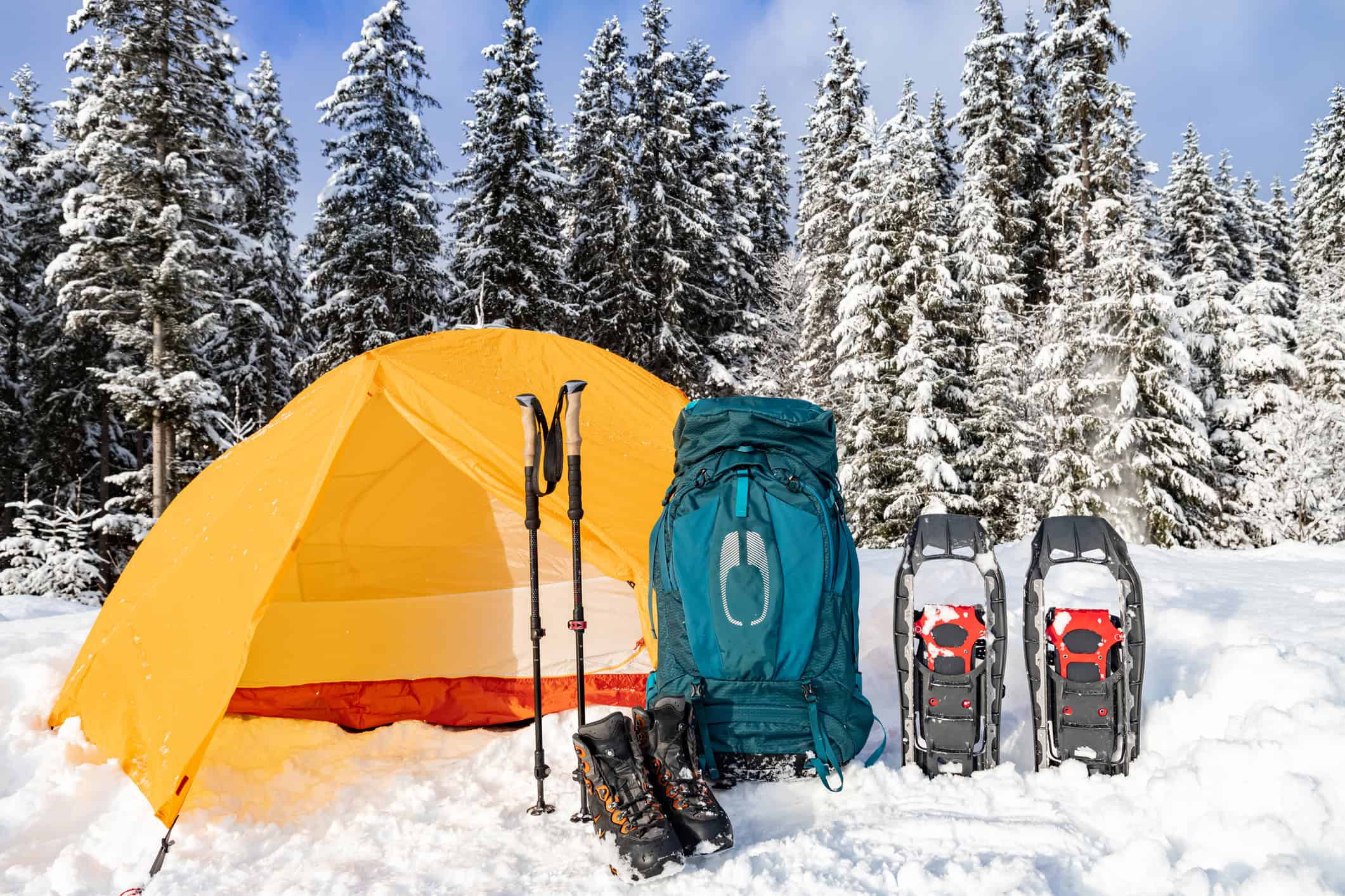 Winter camping gear and snowshoes (photo: iStock).