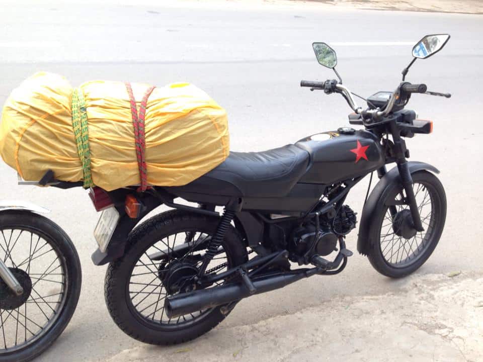A motorbike packed up and ready to ride in Hanoi, Vietnam