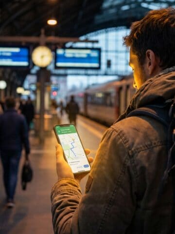 Backpacker checking mobile map app in European train station