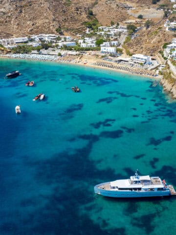 A yacht anchored off Psarou Beach Mykonos Greece (photo: iStock)