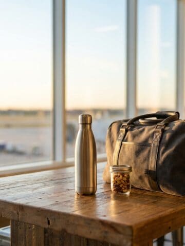 Duffle bag, bottle, and snack jar on a sunny airport table.