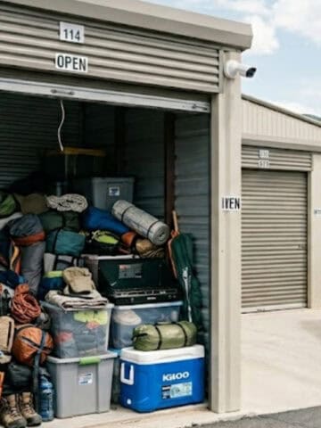 RV storage unit packed with camping and road trip gear