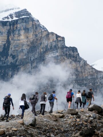 Backpackers hiking in the Canadian Rockies near Banff National Park