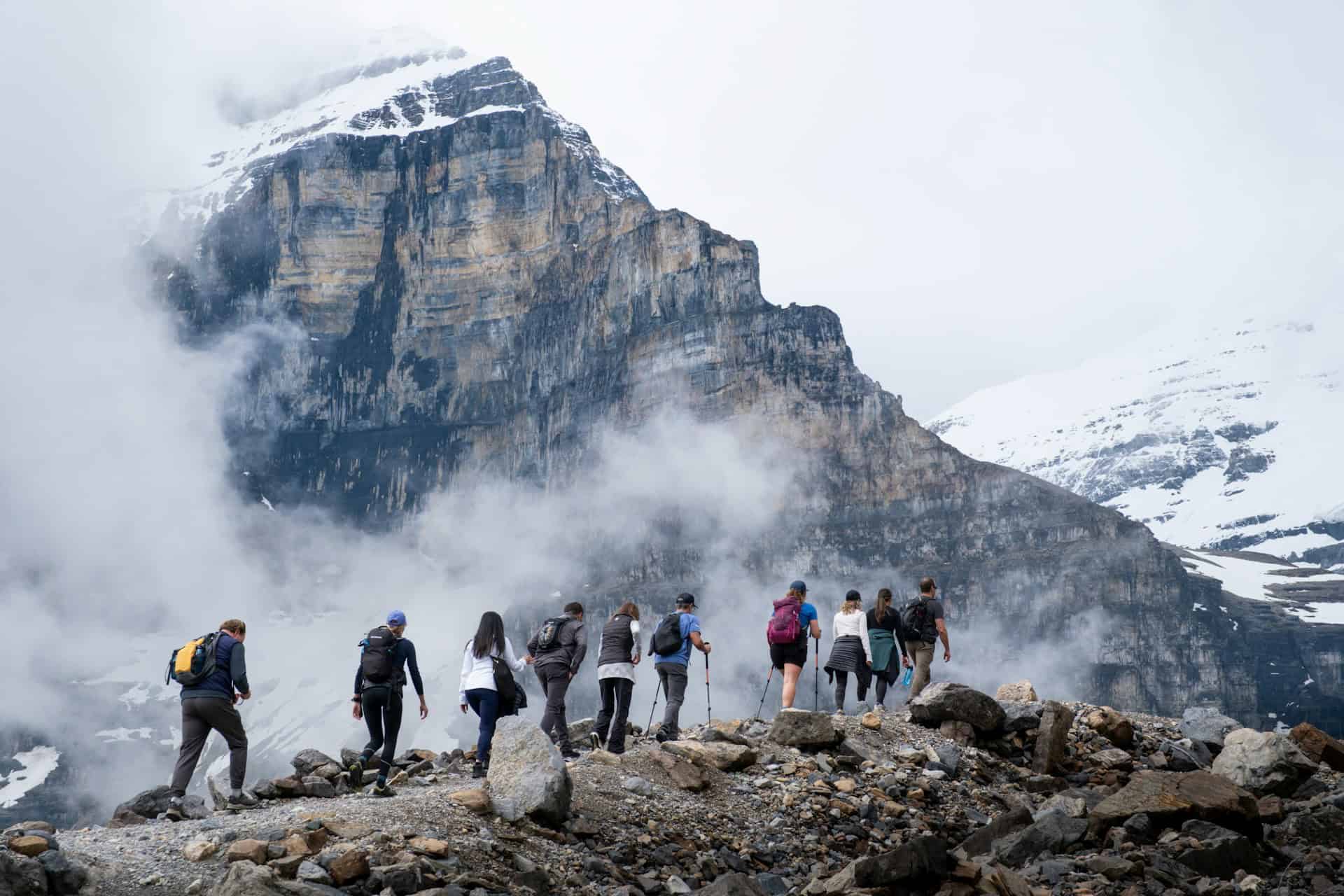 Backpackers hiking in the Canadian Rockies near Banff National Park
