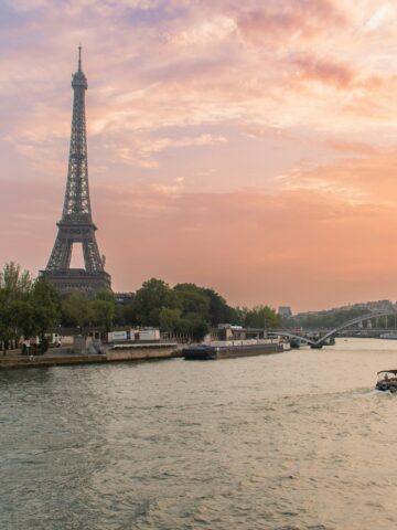 Eiffel Tower in Paris at sunset with warm golden light
