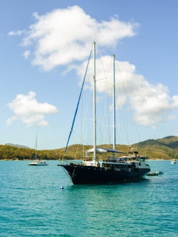 Anchored sailboats in the Whitsunday Islands of Australia