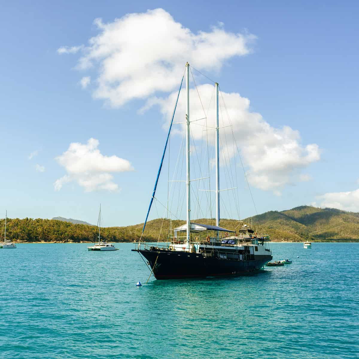Anchored sailboats in the Whitsunday Islands of Australia