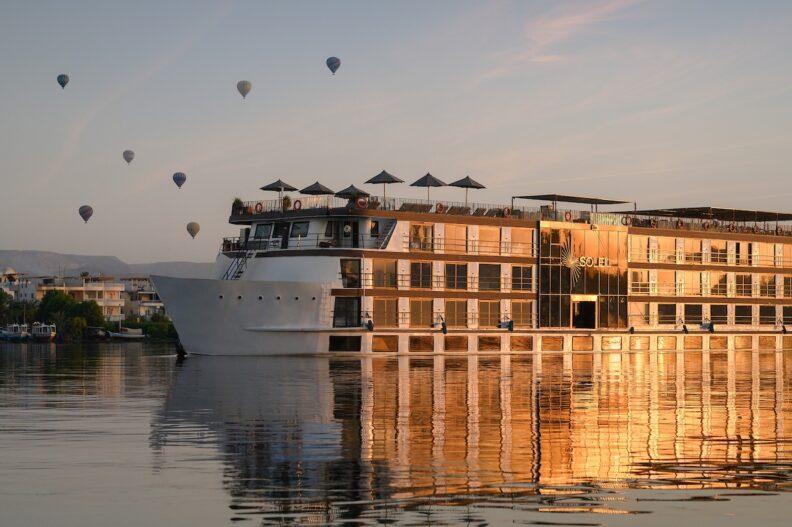 Aerial view of Soleil Nile River Cruise sailing along the Nile