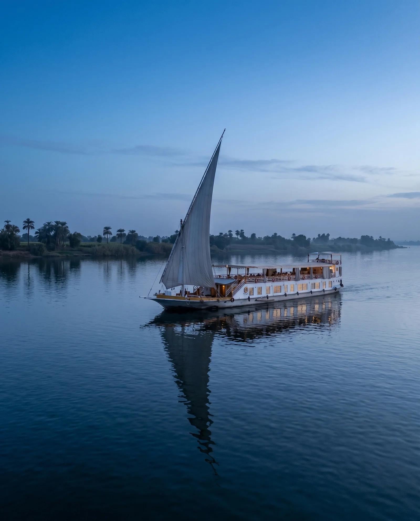 Swan Dahabiya sailing past palm-lined banks of the Nile at dusk