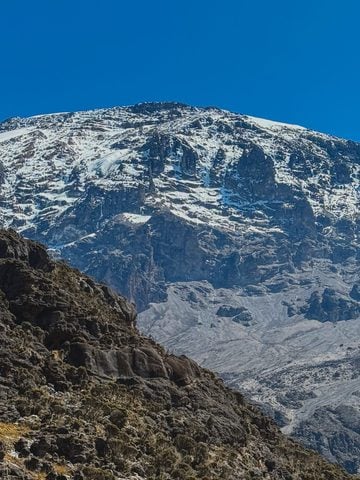 Snow-streaked cliffs on Kilimanjaro above a rocky foreground under a blue sky.