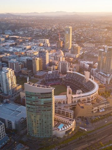 Aerial view of downtown San Diego and Petco Park at sunset