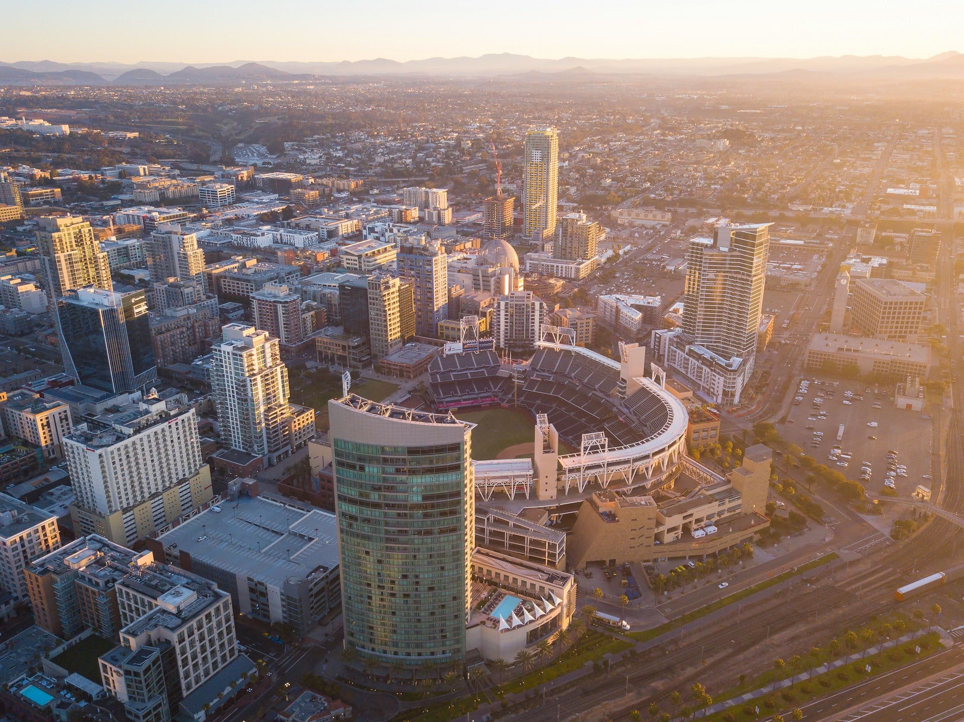 Aerial view of downtown San Diego and Petco Park at sunset