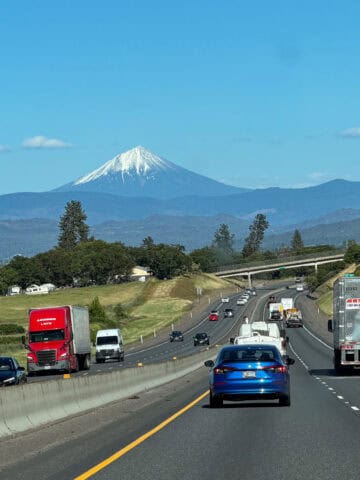 Highway traffic and a distant Mount McLoughlin during the drive from Eugene to Medford in Oregon.