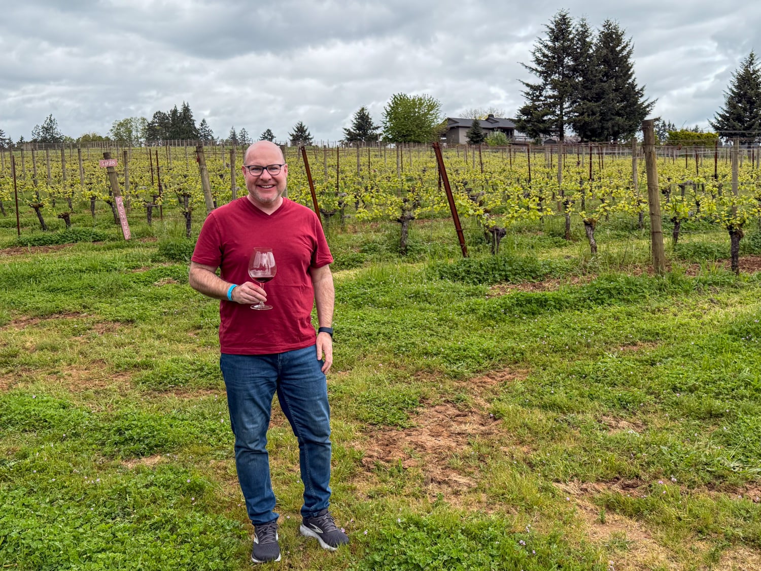 Dave holding a glass of red wine in front of the vines at Sokol Blosser Winery in Oregon.